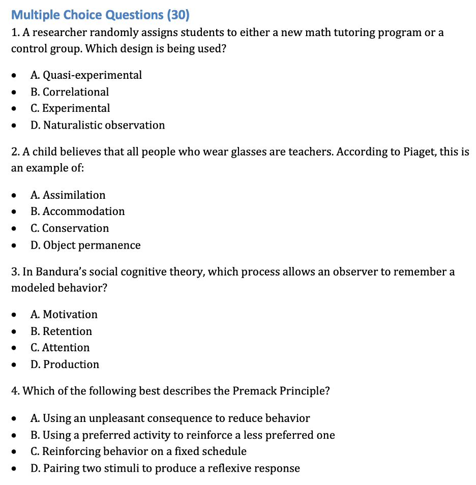 Screenshot from ChatGPT that shows 4 multiple choice questions based on content from a university-level psychology. 